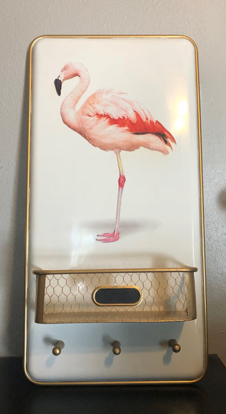 Large Metal Flamingo Wall Art with Gold Mail Basket - Dallas Drinking Society