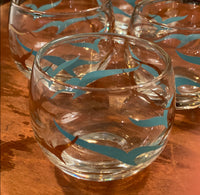 Set of 6 Vintage Federal Teal and Gold Bird/Seagull Roly Poly Cocktail Glasses