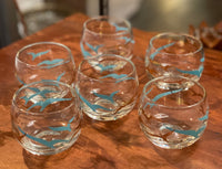 Set of 6 Vintage Federal Teal and Gold Bird/Seagull Roly Poly Cocktail Glasses
