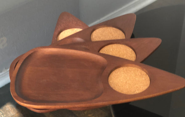 Set of 4 Serv Teardrop Shaped Wood Snack and Cocktail Trays with Cork Inset - Dallas Drinking Society