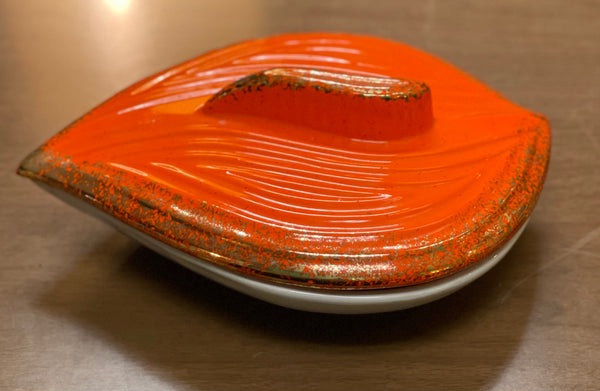 Vintage California Pottery Orange, Gold and White Covered Dish