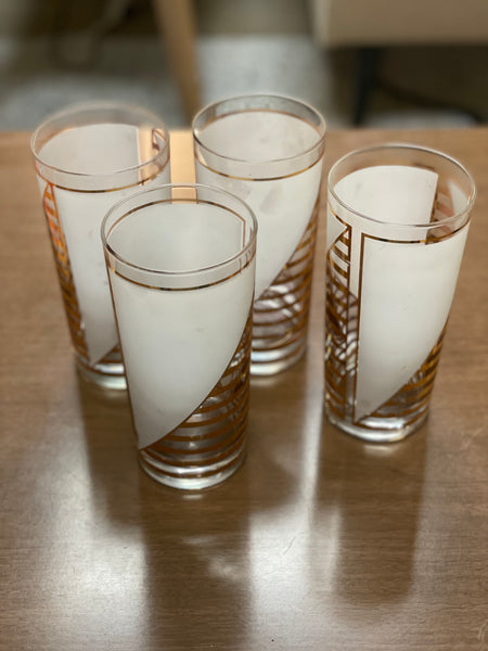 Set of 4 Vintage Culver 22K Gold and Frosted Geometric Tumbler Glasses