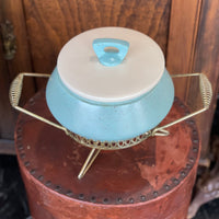 1956 Vintage Teal and Beige California Pottery Earthenware Fondue Set on Gold Stand
