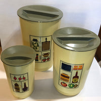 Set of 3 Vintage Olive Green Canisters with Kitchen Graphics - Dallas Drinking Society
