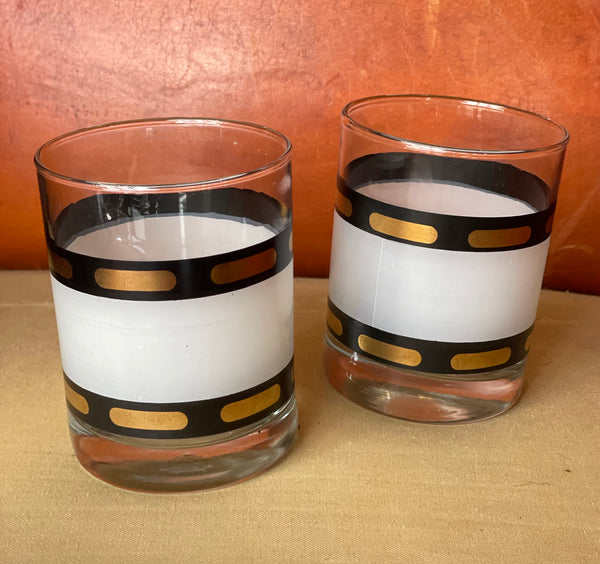 Pair of Culver Style Gold, Black and Frosted Double Rocks Cocktail Glasses