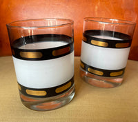 Pair of Culver Style Gold, Black and Frosted Double Rocks Cocktail Glasses