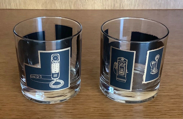 Pair of 2 Vintage Black and Gold Old Fashioned Rocks Glasses with Telephones Barware - Dallas Drinking Society